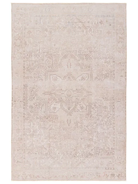 Tymabe Medallion rug with distressed vintage tan, cream, and slate colors featuring a traditional medallion and geometric ...