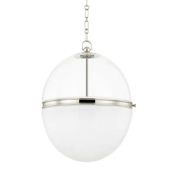 Donnell large pendant with clear glass upper dome, opal white glossy lower dome, and polished nickel band center