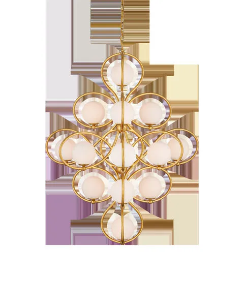 Storrs Chandelier with 14 milky white glass globes on swirling gold leaf wrought iron frame