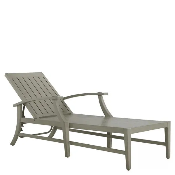 Croquet Aluminum Chaise with angled backrest, curved armrests, and slatted seat in neutral gray finish