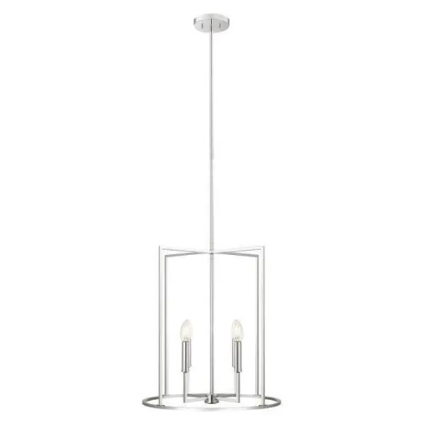 Tall cylindrical 4-light pendant chandelier in chrome with airy geometric frame combining sharp and round angles