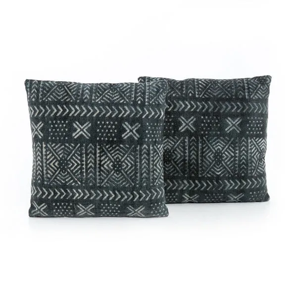 Two grey-toned pillows with white geometric mud cloth print on linen-cotton blend fabric