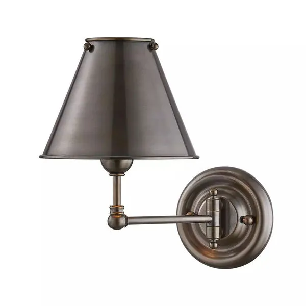 Classic No.1 wall sconce with metal shade in aged bronze finish featuring round backplate and adjustable arm