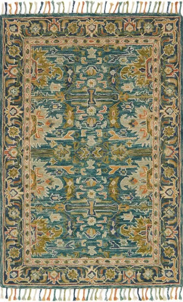 Zharah Blue / Navy Rug with bold tribal-inspired patterns in blue, navy, and gold, hand-hooked wool with fringed edges