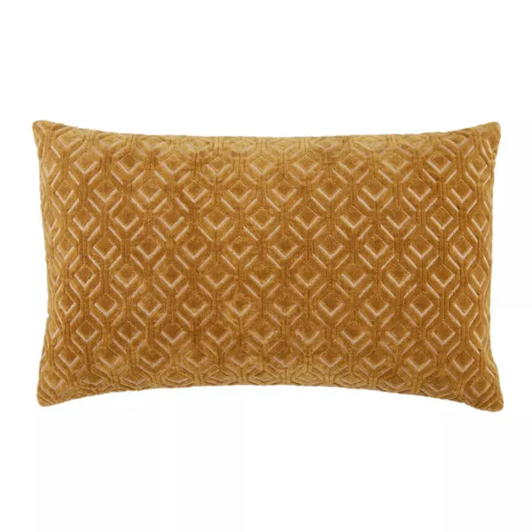 Mustard yellow lumbar pillow with embroidered diamond lattice design on soft cotton velvet front