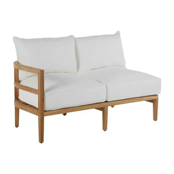 Santa Barbara Teak Left Arm Facing loveseat with white cushions and natural teak frame
