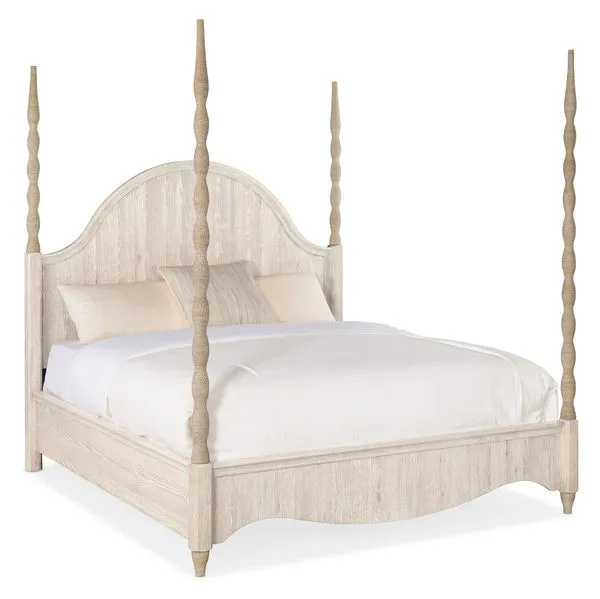Queen-sized four-poster bed with whitewashed oak veneer, rope-wrapped posts, and curved headboard