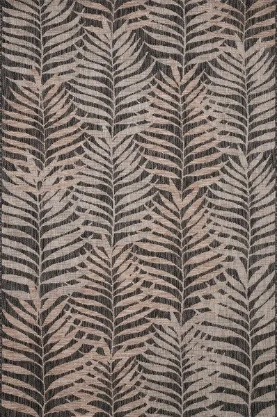 Rectangular power-loomed indoor/outdoor rug with black and natural woven leaf pattern