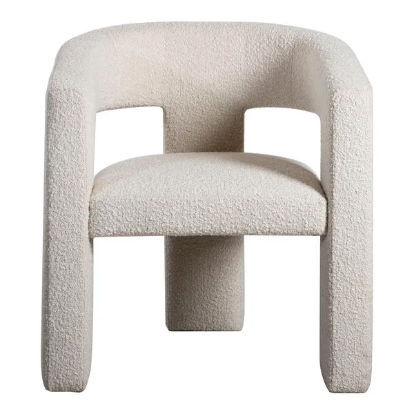 Elo Chair in off-white textured fabric with sculptural curved arms and plush padded seat