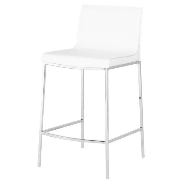 Colter Counter Stool side angled view showing seat curvature and continuous chrome frame in white