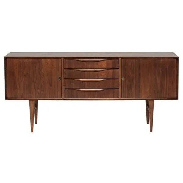 Elisabeth Sideboard in walnut finish with four central curved drawers and two side cabinets on tapered legs