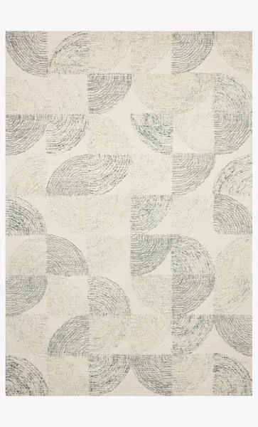 Milo Slate / Denim Rug with geometric quarter-circle patterns in tonal gray on cream wool pile