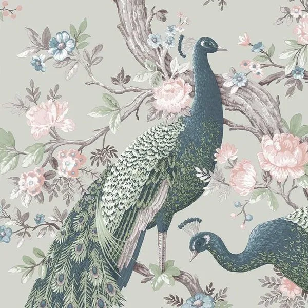 Close-up of a standing peacock and detailed floral elements on sage green wallpaper