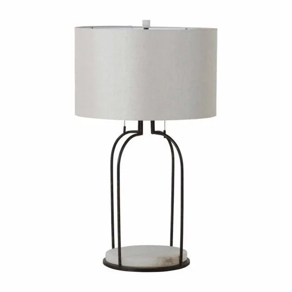 Joan Table Lamp with arched black metal frame, natural alabaster base, and white linen drum shade