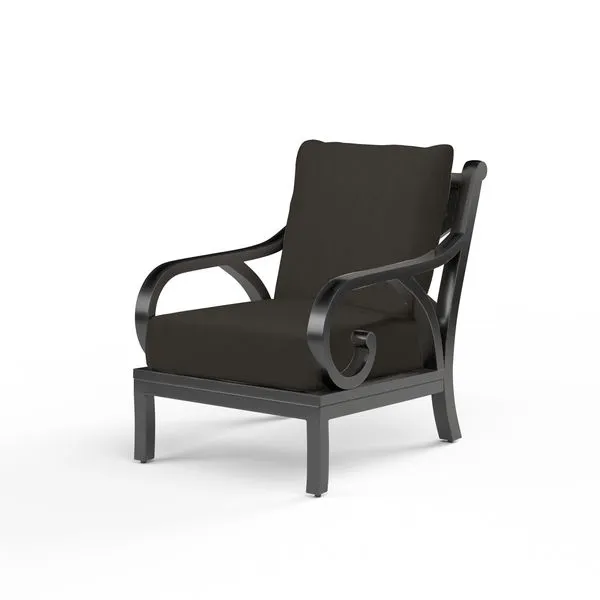 Monterey Club Chair with curved armrests and dark cushioned seat in espresso aluminum frame