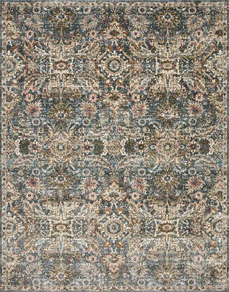 Saban Blue Sand Rug with traditional-inspired floral motifs in muted blue, sand, and rust tones