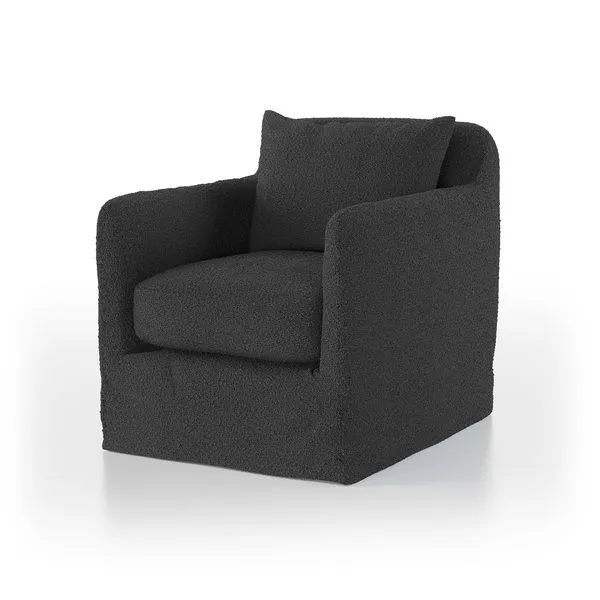 Dade Slate Fiqa Boucle Outdoor swivel chair in dark charcoal with rounded arms and removable slipcover