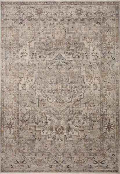 Traditional style Lyra Natural / Gold rug with muted watercolor-inspired beige, gray, and gold tones and intricate medalli...