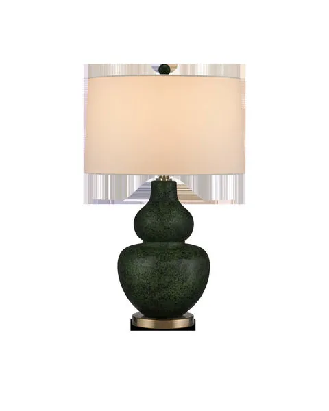 Kinnaird table lamp with double-gourd ceramic base in moss green splatter finish, beige drum shade, and metal base