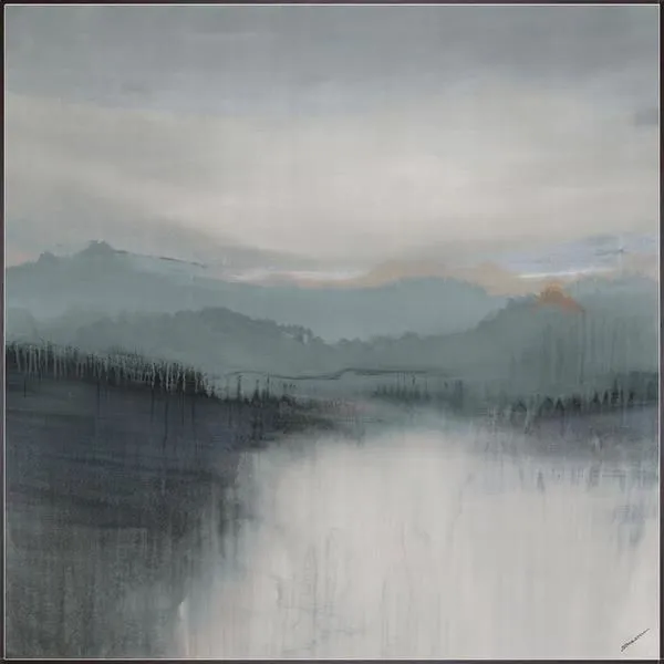 Serene painting of a mist-covered lake with muted blue and gray tones, soft brushstrokes, and atmospheric layering