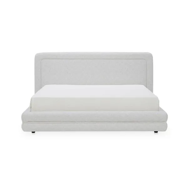 King-size Tory Pebble Bed with rounded headboard and tufted detailing in light pebble-toned polyester upholstery