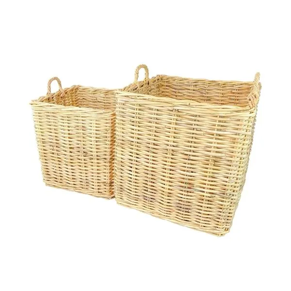 Set of 2 natural rattan baskets, handwoven, rectangular shapes with loop handles, different sizes