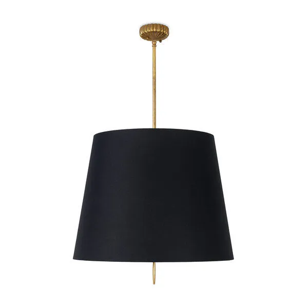 Large Clove Pendant with black linen shade and antiqued gold rod and ceiling mount