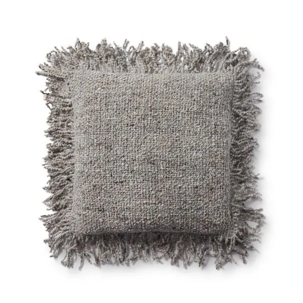 Square 18x18 inch Aubrey pillow in ivory and beige wool-cotton blend with fringe trim