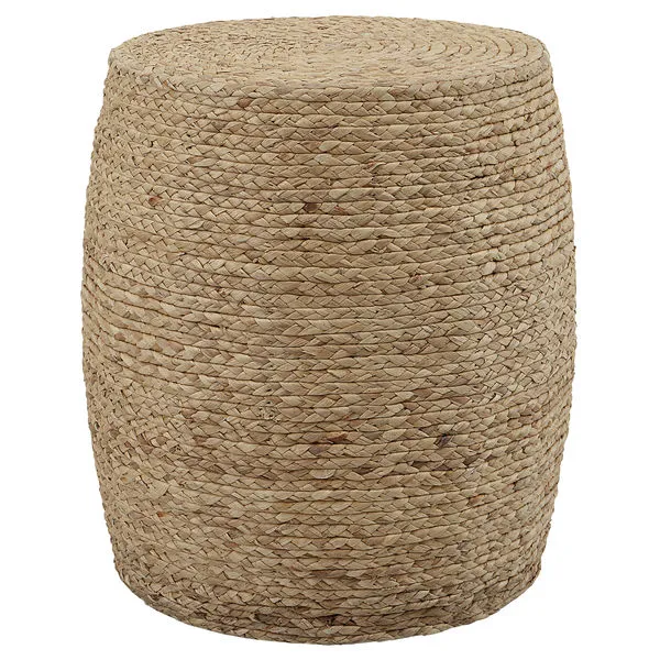 Round Resort Accent Stool with natural braided straw wrap in a warm beige tone