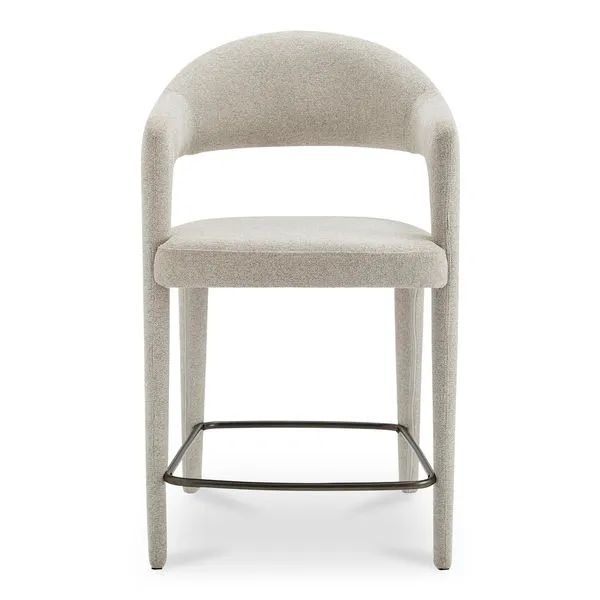 Martens counter stool with open barrel back, continuous curved legs, padded performance fabric seat, and armrests