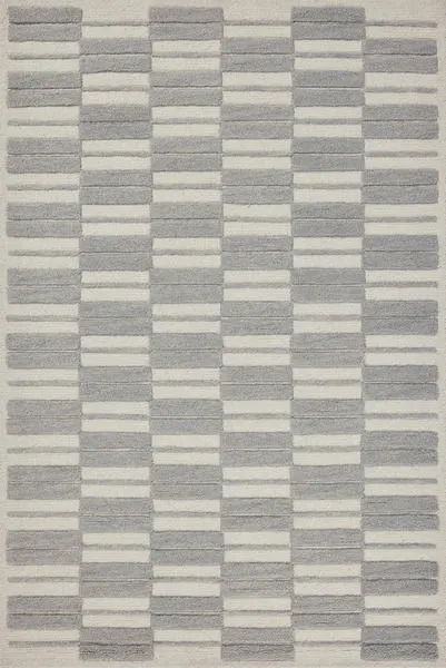 Modern Bradley Ivory / Grey Rug with hand-tufted wool featuring two-toned linear striped pattern and alternating high-low ...