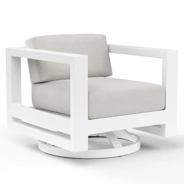 Newport Swivel Club outdoor accent chair with low back, linear white powder-coated aluminum frame and light gray cushions