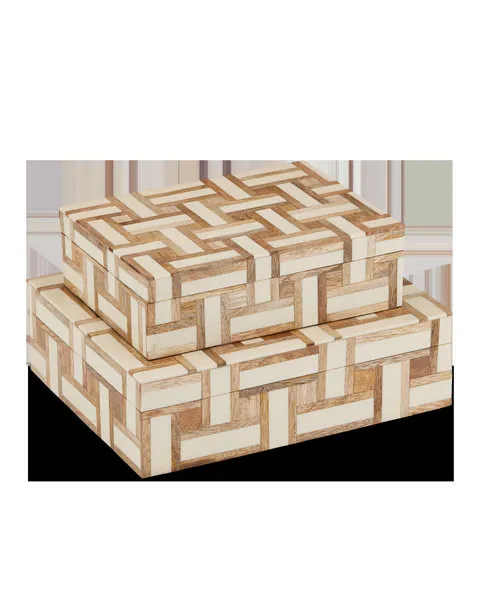 Set of two rectangular cream and wood pattern storage boxes with basket-weave design