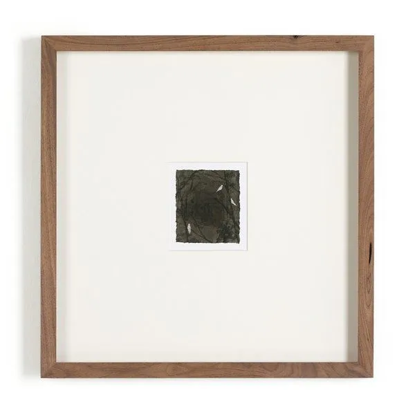 Rustic walnut framed painting with dark forest imagery and small white birds on square cream background