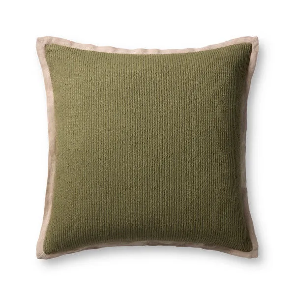 Square 22x22 inch light sage green pillow with beige flange edges and a nubby woven texture