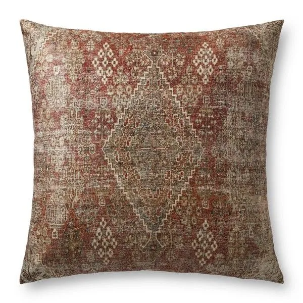 Square woven floor pillow with subtle red and multi-color geometric pattern and textured fabric