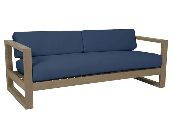 Coastal Teak Sofa with solid teak wood frame and deep blue cushions with modern square arm design