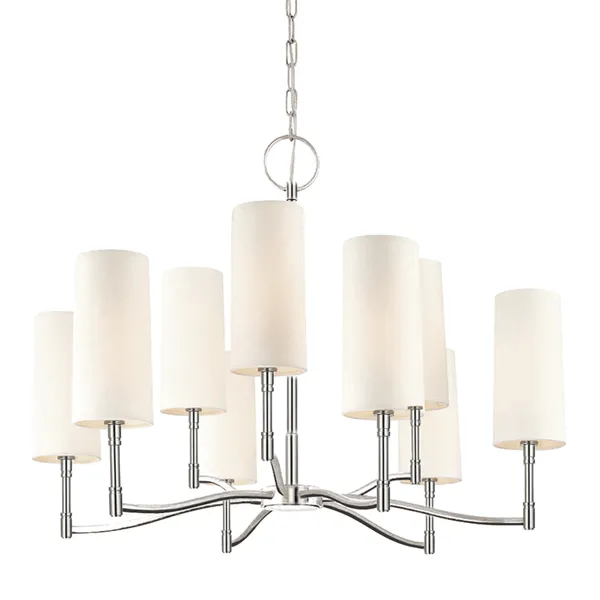 Dillon chandelier with nine cylindrical white fabric shades and curved polished nickel arms