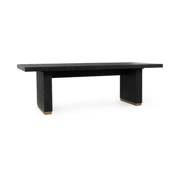 Lynx reclaimed pine dining table with bold minimalist design, solid black wood slabs and light wood base accents