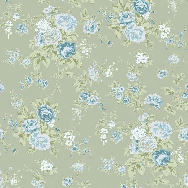 Rachel Ashwell Wildflower wallpaper with vintage style English wildflowers and roses on muted sage green background