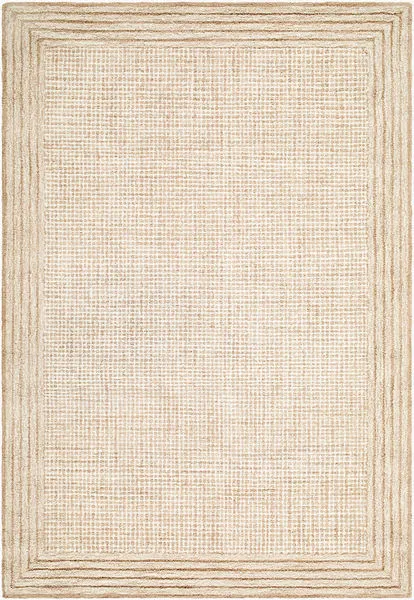 Rectangular handmade wool rug in sand color with subtle textured grid and bordered concentric line design