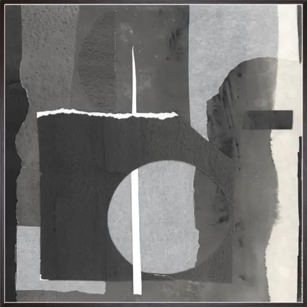 Abstract painting with overlapping geometric shapes in dark and muted tones, featuring a prominent circle and vertical line