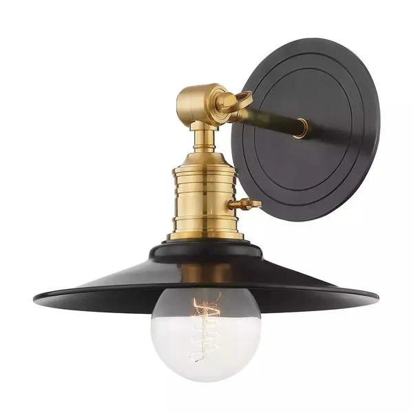 Garden City 1-Light Vintage Wall Sconce in brass and black with wide black shade and exposed filament bulb