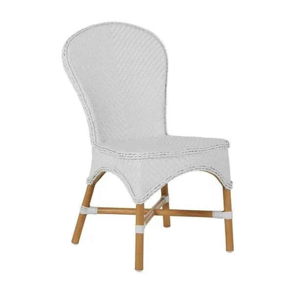 Savoy Side Chair with white woven outdoor seating and backrest, natural wooden legs with white accents