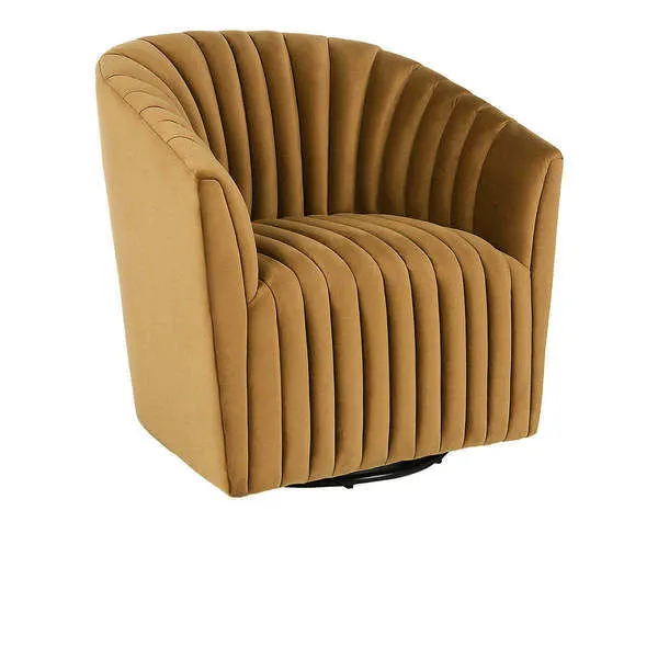 Bronze swivel accent chair with retro barrel shape and vertical channel tufting on curved seat and back