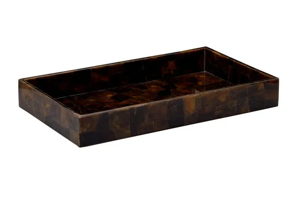 Rectangular serve tray with hand cut pen shell veneer in warm chocolate mosaic pattern and raised edges