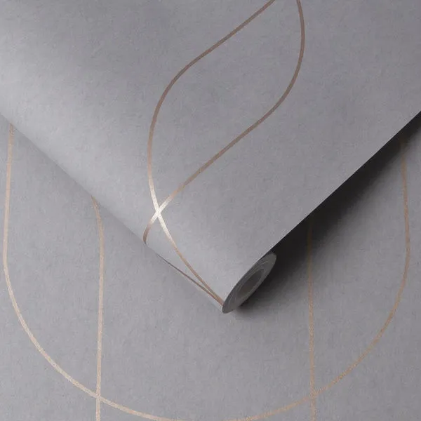 Subtle geometric wallpaper with large rose gold curved lines on a textured gray backdrop, contemporary and elegant look