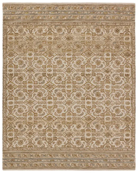 9x12 traditional handmade rug with a floral trellis motif in brown, gold, cream, beige, and blue hues