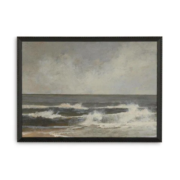 Landscape painting of ocean waves using diluted dry brush technique in muted grays and browns, framed in distressed black ...