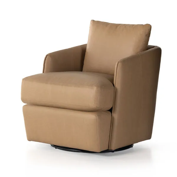 Whittaker Upholstered Swivel Chair in tan leather with plush cushions and curved armrests on a black swivel base
